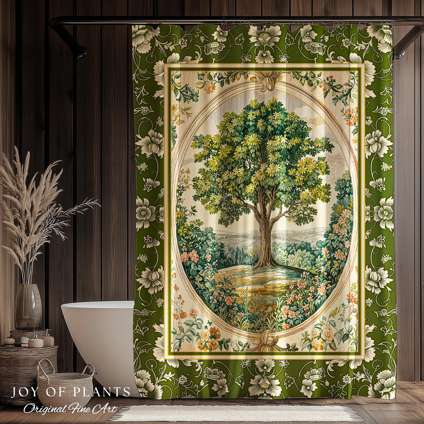 Victorian Soft Aesthetic Tree of Life Shower Curtain | Romantic Botanical Regency Decor Floral Enchanted Forest Green Cottagecore Bathroom |