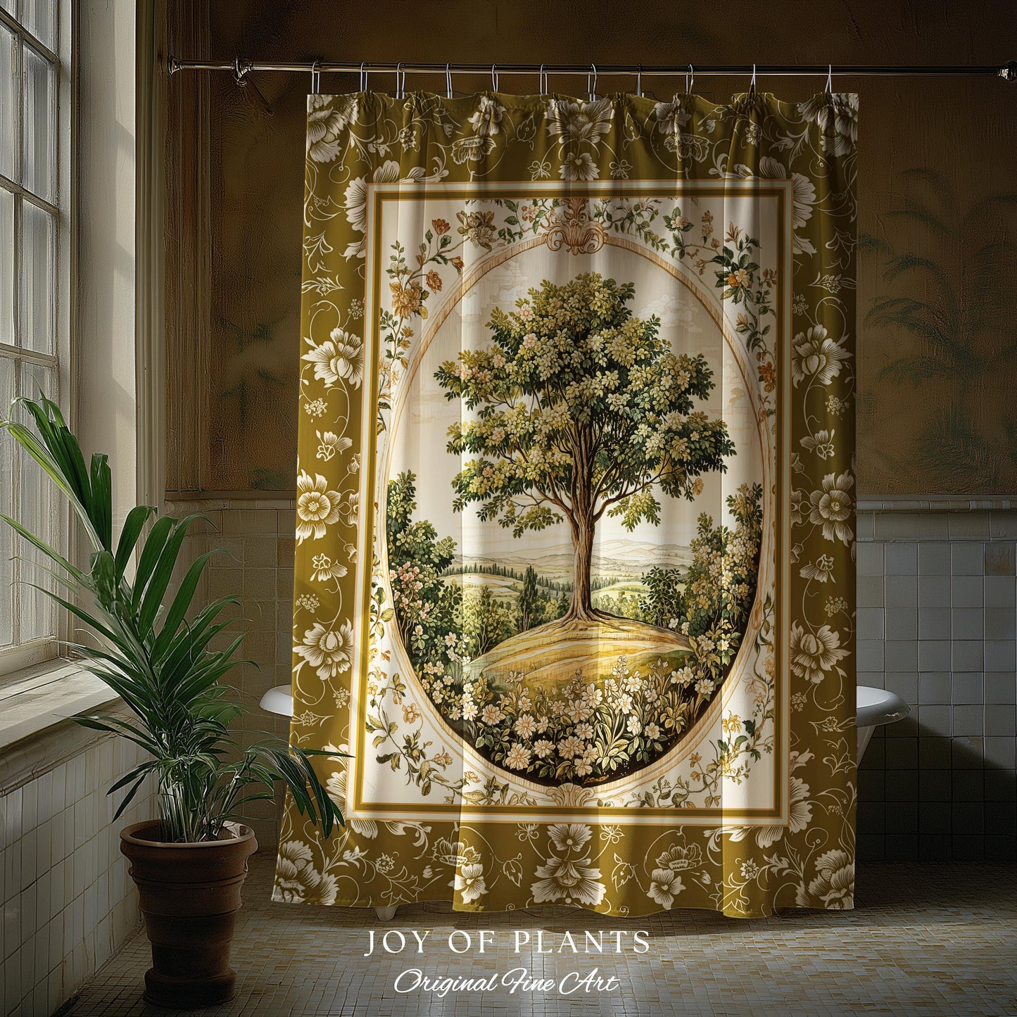 French Countryside Botanical Tree Shower Curtain | Victorian Garden Romantic Country Floral Pastoral Scene Antique Style Cottage Aesthetic