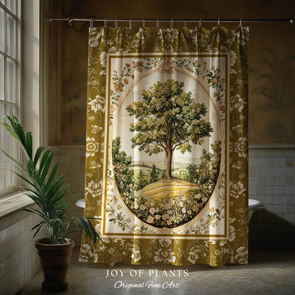 French Countryside Botanical Tree Shower Curtain | Victorian Garden Romantic Country Floral Pastoral Scene Antique Style Cottage Aesthetic