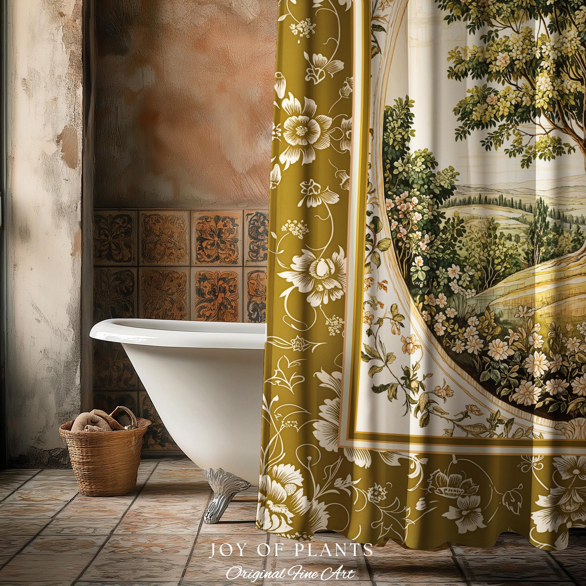 French Countryside Botanical Tree Shower Curtain | Victorian Garden Romantic Country Floral Pastoral Scene Antique Style Cottage Aesthetic