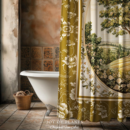French Countryside Botanical Tree Shower Curtain | Victorian Garden Romantic Country Floral Pastoral Scene Antique Style Cottage Aesthetic