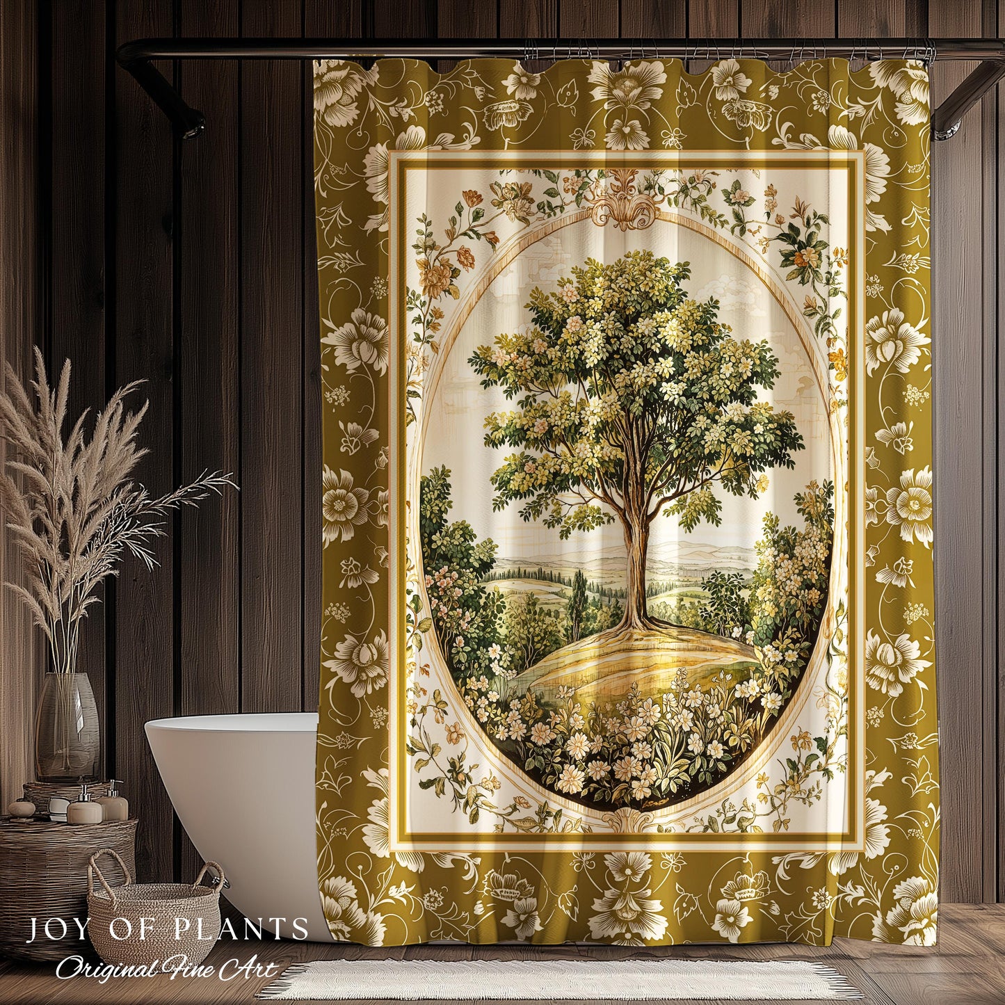 French Countryside Botanical Tree Shower Curtain | Victorian Garden Romantic Country Floral Pastoral Scene Antique Style Cottage Aesthetic