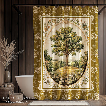 French Countryside Botanical Tree Shower Curtain | Victorian Garden Romantic Country Floral Pastoral Scene Antique Style Cottage Aesthetic