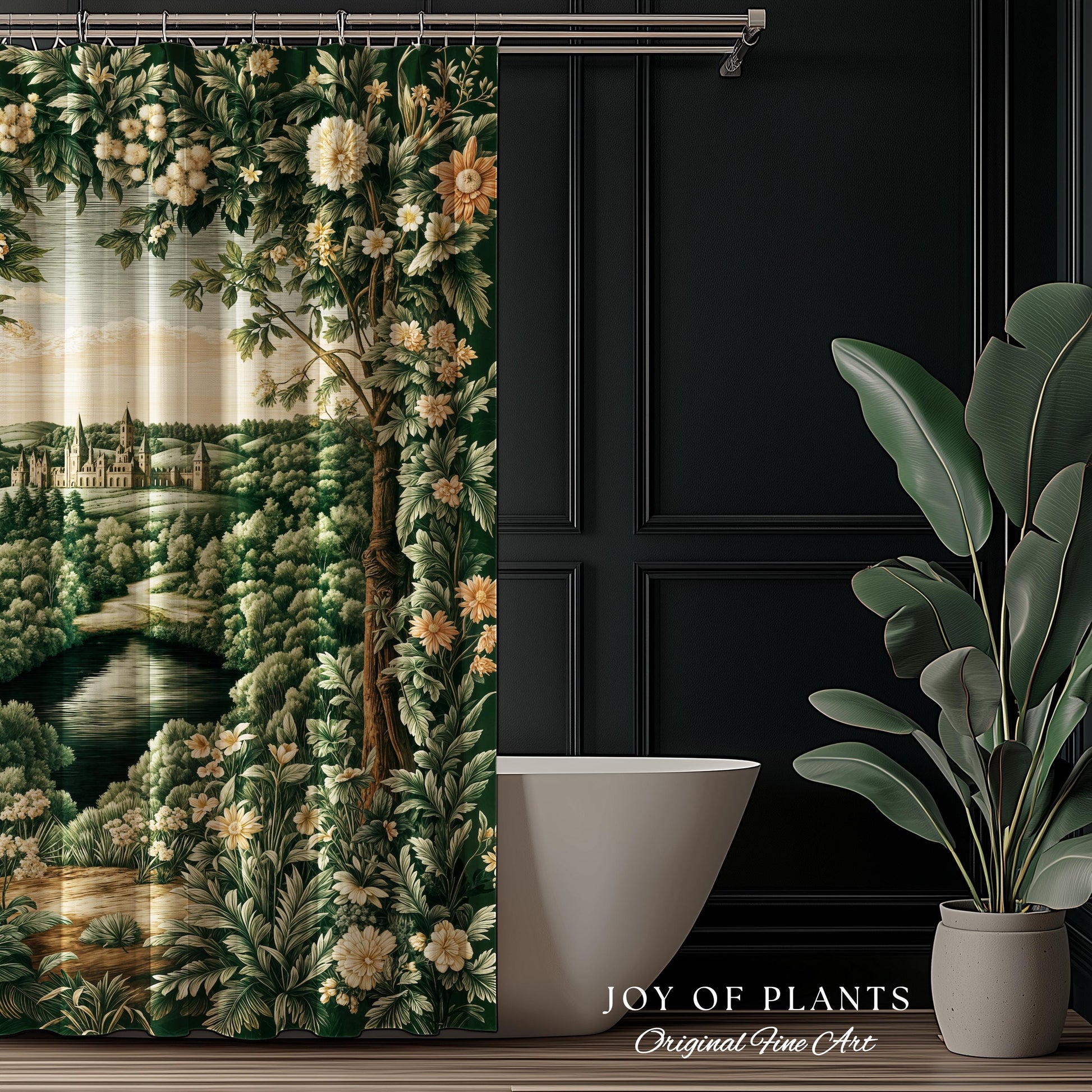 Castle Landscape Botanical Shower Curtain | Fairytale Aesthetic Mystic Garden Bathroom Fairycore Woodland Nature Princesscore Bathroom Decor