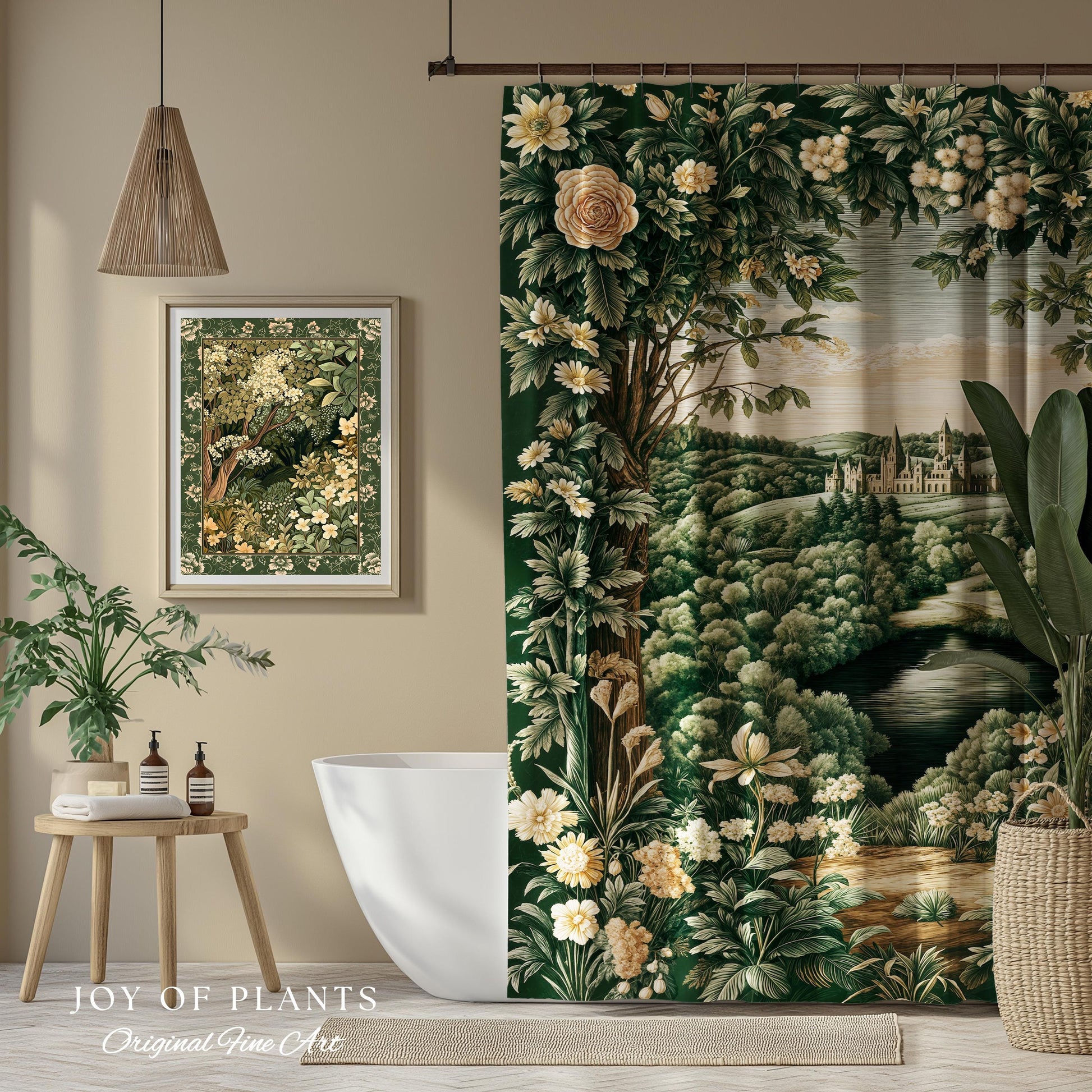 Castle Landscape Botanical Shower Curtain | Fairytale Aesthetic Mystic Garden Bathroom Fairycore Woodland Nature Princesscore Bathroom Decor