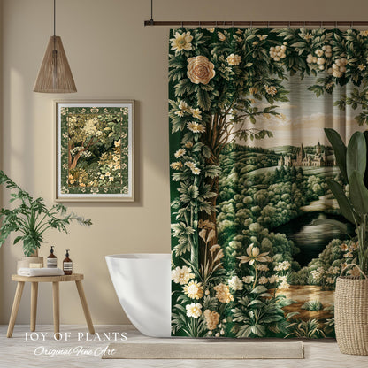 Castle Landscape Botanical Shower Curtain | Fairytale Aesthetic Mystic Garden Bathroom Fairycore Woodland Nature Princesscore Bathroom Decor