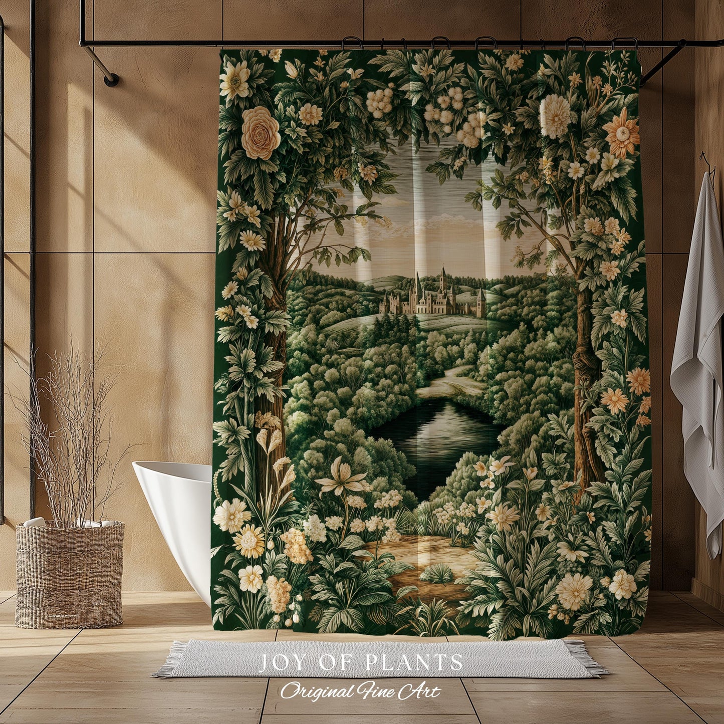 Castle Landscape Botanical Shower Curtain | Fairytale Aesthetic Mystic Garden Bathroom Fairycore Woodland Nature Princesscore Bathroom Decor