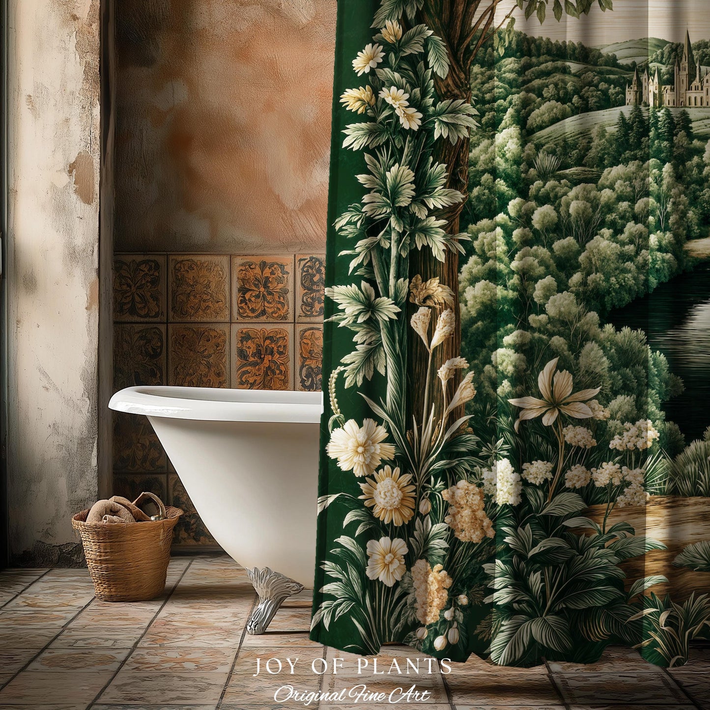 Castle Landscape Botanical Shower Curtain | Fairytale Aesthetic Mystic Garden Bathroom Fairycore Woodland Nature Princesscore Bathroom Decor
