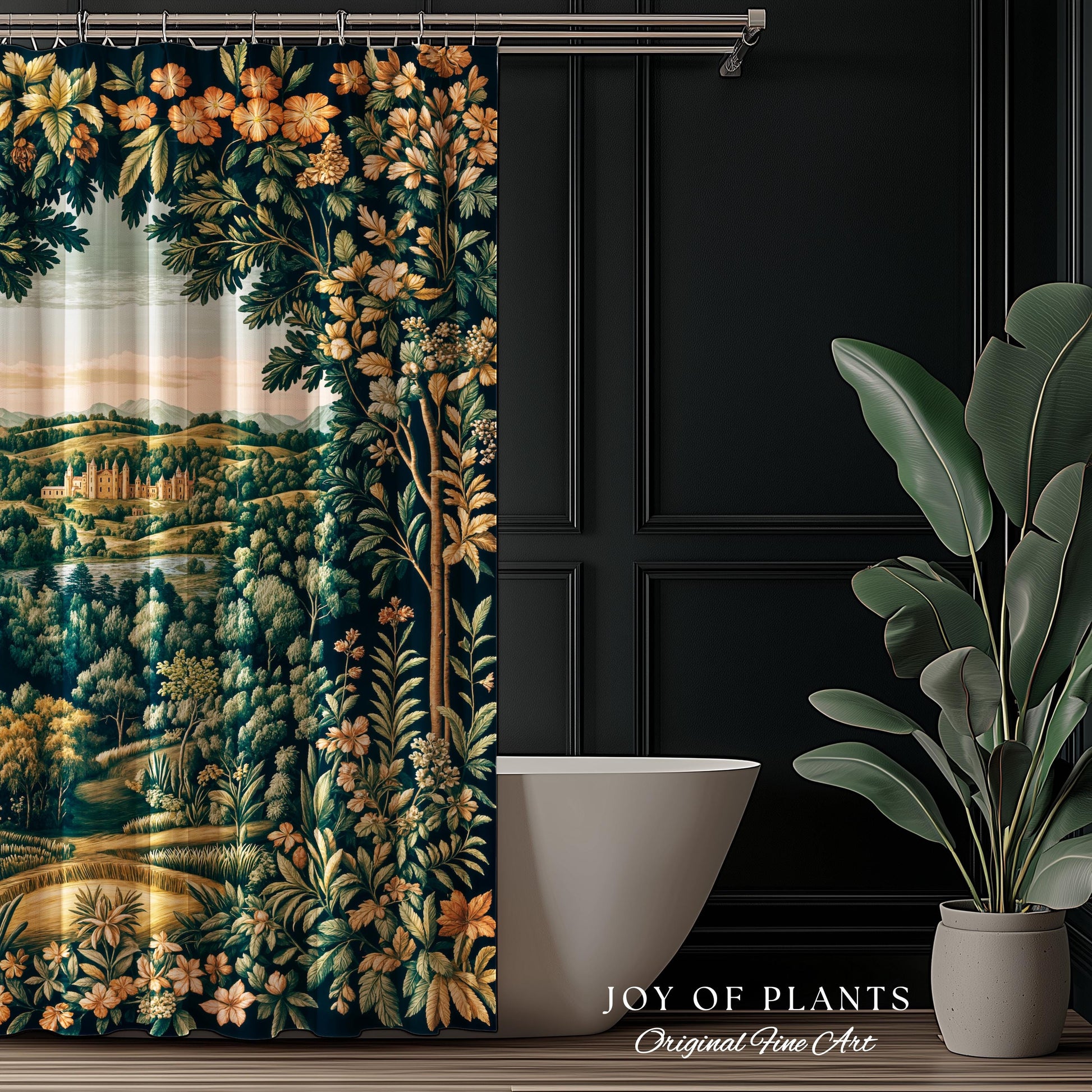 Magical Kingdom Folklore Shower Curtain | Medieval Botanical Gothic Victorian Fairytale Garden Bathroom Decor Romantic Victorian Landscape |