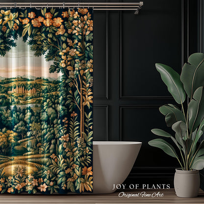 Magical Kingdom Folklore Shower Curtain | Medieval Botanical Gothic Victorian Fairytale Garden Bathroom Decor Romantic Victorian Landscape |