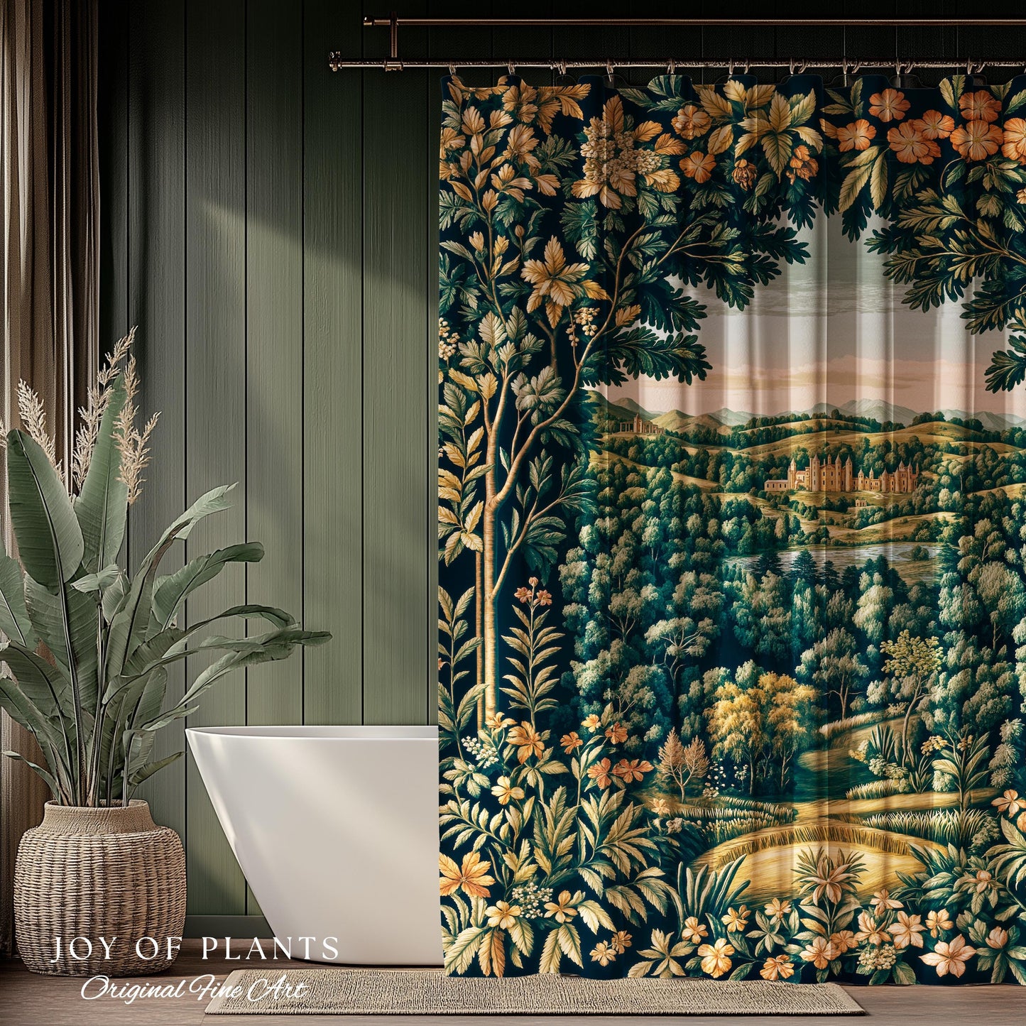 Magical Kingdom Folklore Shower Curtain | Medieval Botanical Gothic Victorian Fairytale Garden Bathroom Decor Romantic Victorian Landscape |