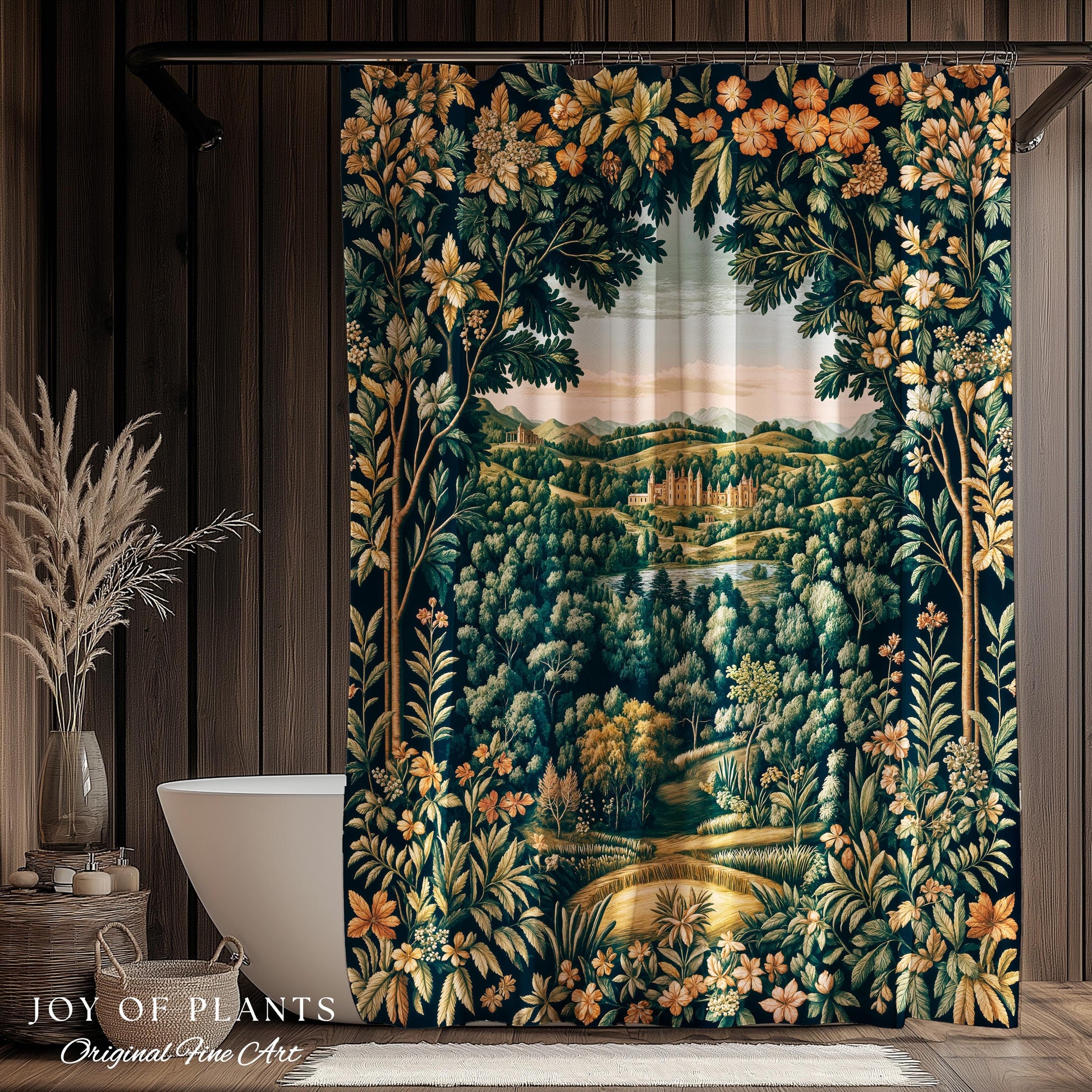 Magical Kingdom Folklore Shower Curtain | Medieval Botanical Gothic Victorian Fairytale Garden Bathroom Decor Romantic Victorian Landscape |