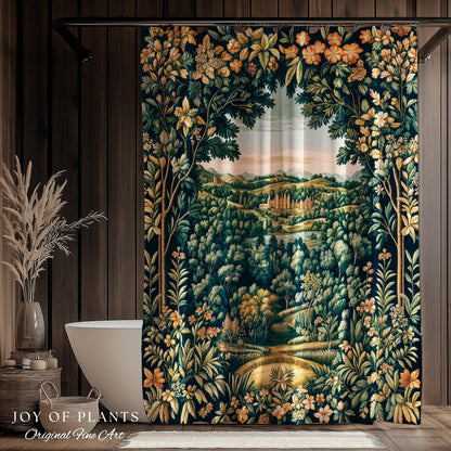 Magical Kingdom Folklore Shower Curtain | Medieval Botanical Gothic Victorian Fairytale Garden Bathroom Decor Romantic Victorian Landscape |