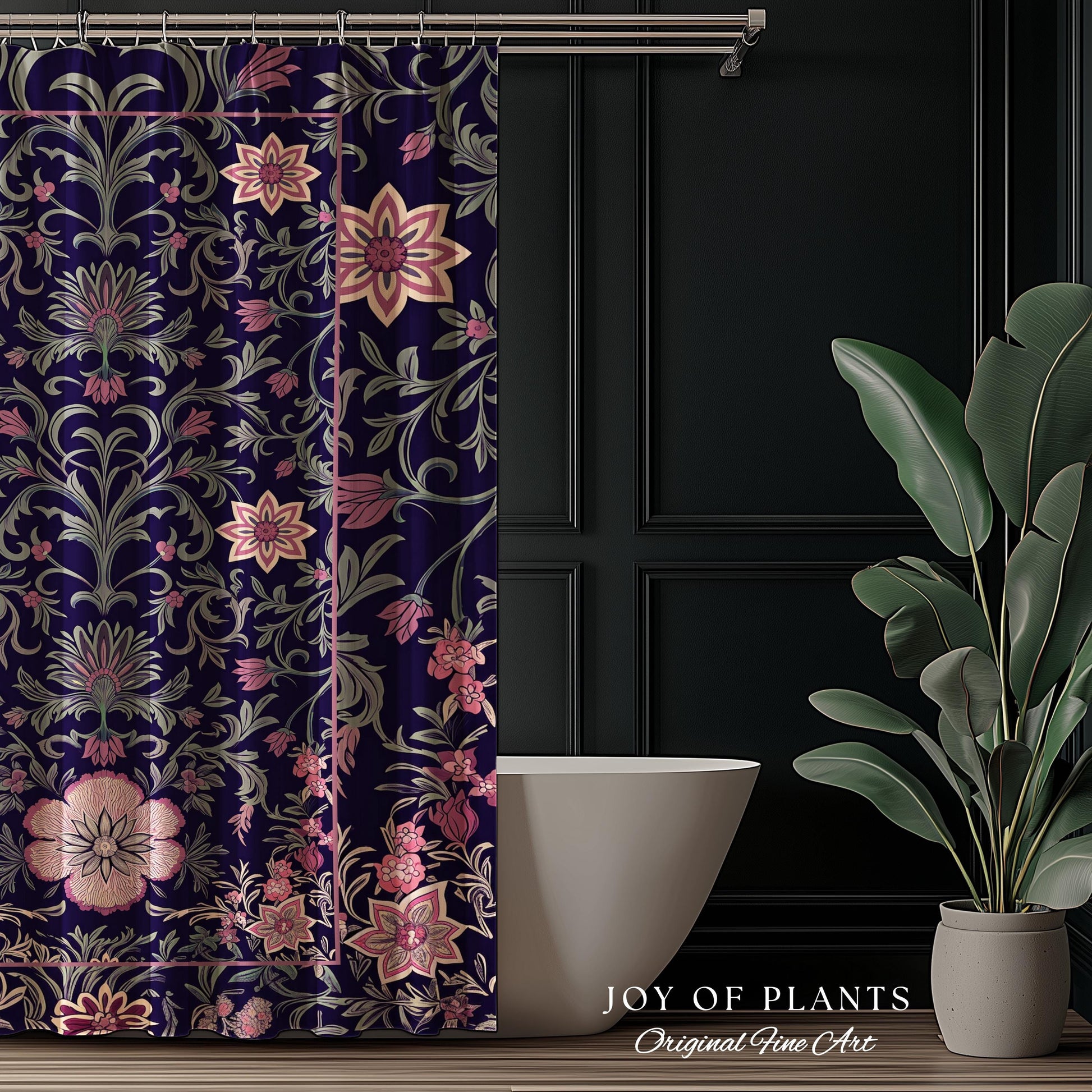 Whimsical Florals Shower Curtain | Dark Renaissance Style Art Deco Aesthetic Purple Botanical Bathroom Morris Inspired Fairycore Gothic Bath