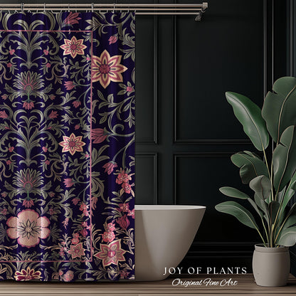 Whimsical Florals Shower Curtain | Dark Renaissance Style Art Deco Aesthetic Purple Botanical Bathroom Morris Inspired Fairycore Gothic Bath