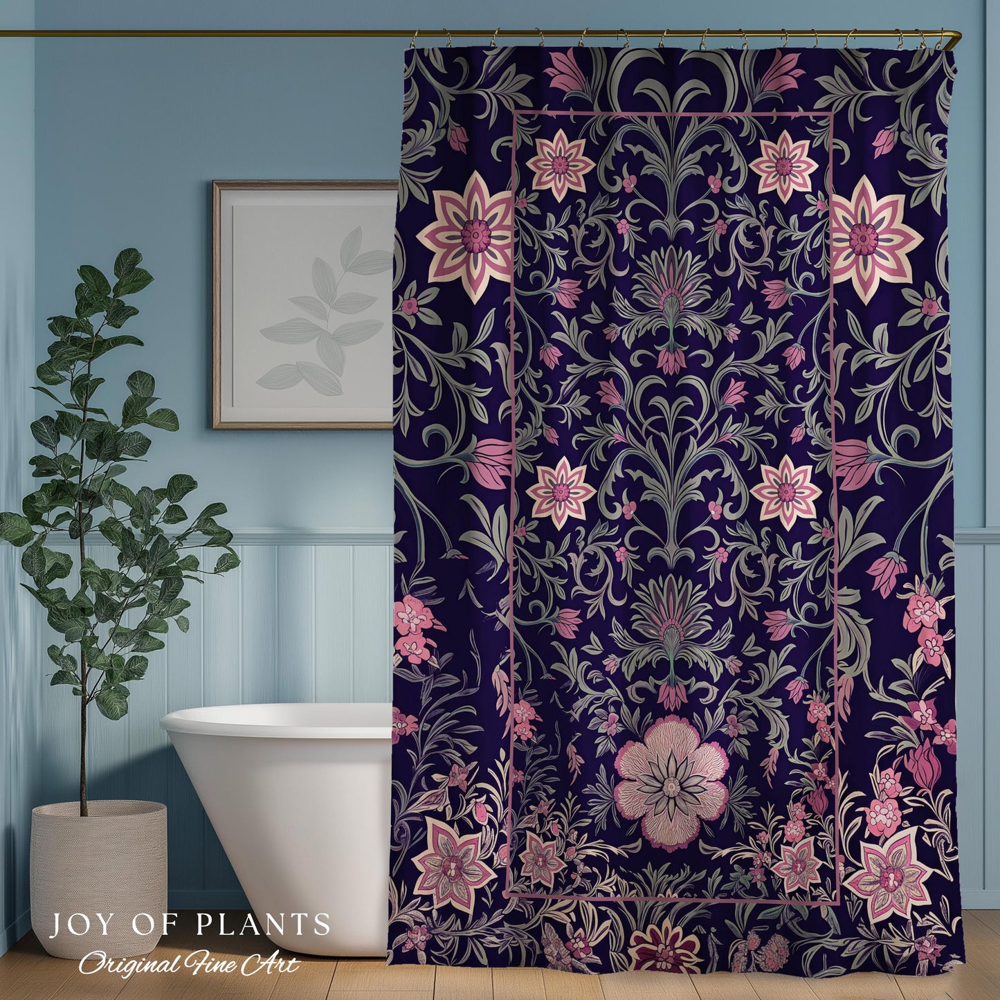 Whimsical Florals Shower Curtain | Dark Renaissance Style Art Deco Aesthetic Purple Botanical Bathroom Morris Inspired Fairycore Gothic Bath