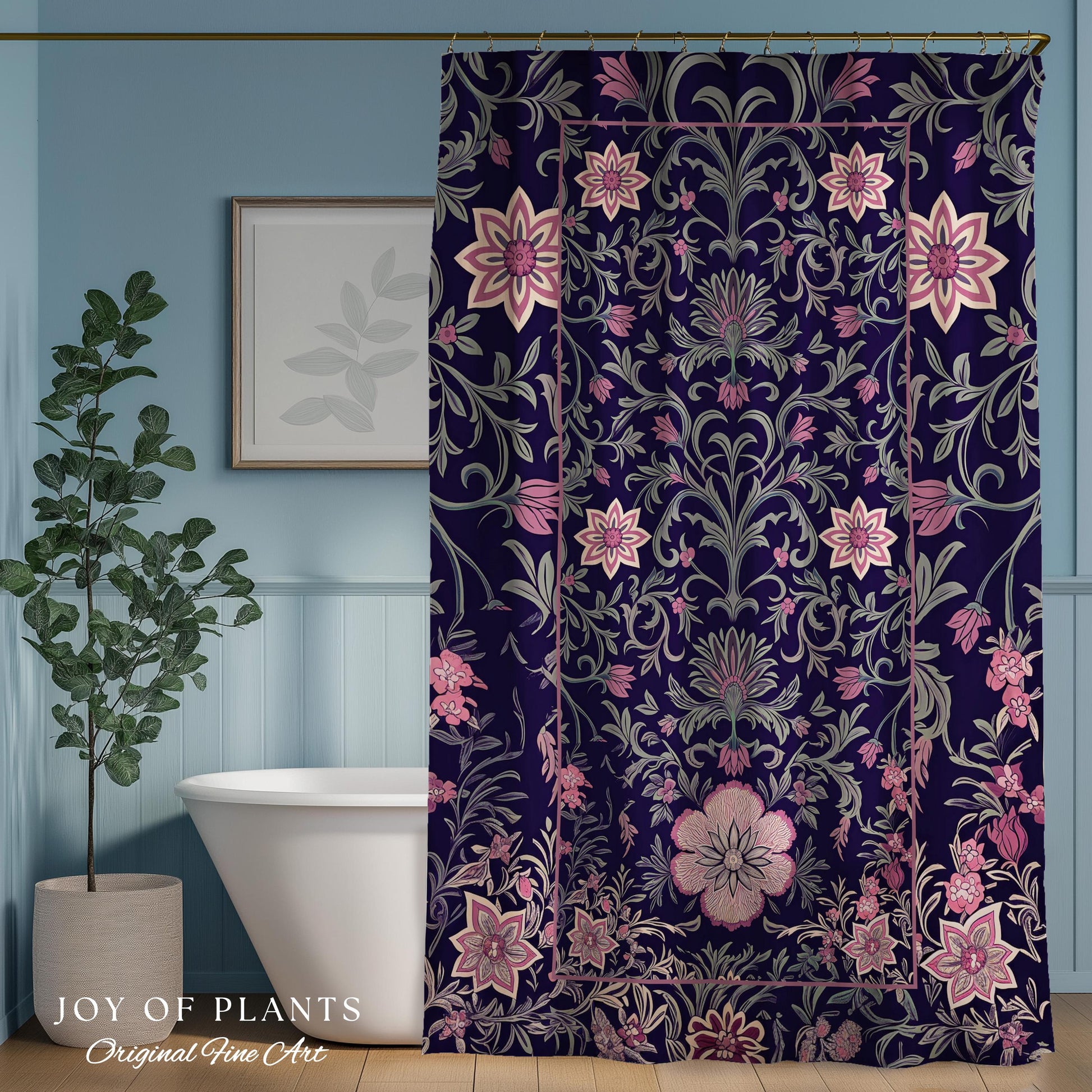 Whimsical Florals Shower Curtain | Dark Renaissance Style Art Deco Aesthetic Purple Botanical Bathroom Morris Inspired Fairycore Gothic Bath