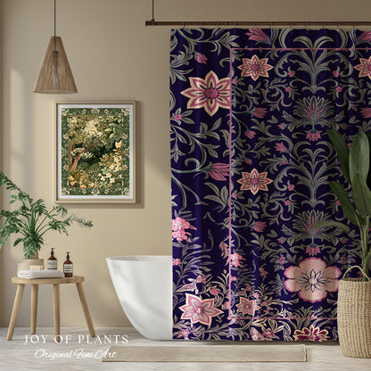 Whimsical Florals Shower Curtain | Dark Renaissance Style Art Deco Aesthetic Purple Botanical Bathroom Morris Inspired Fairycore Gothic Bath