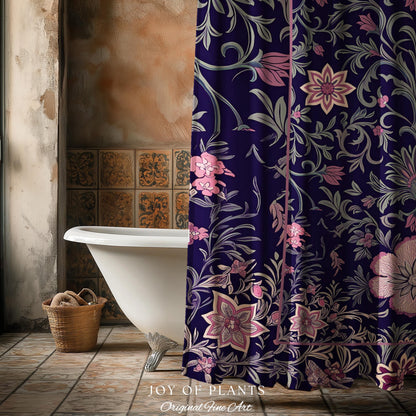Whimsical Florals Shower Curtain | Dark Renaissance Style Art Deco Aesthetic Purple Botanical Bathroom Morris Inspired Fairycore Gothic Bath
