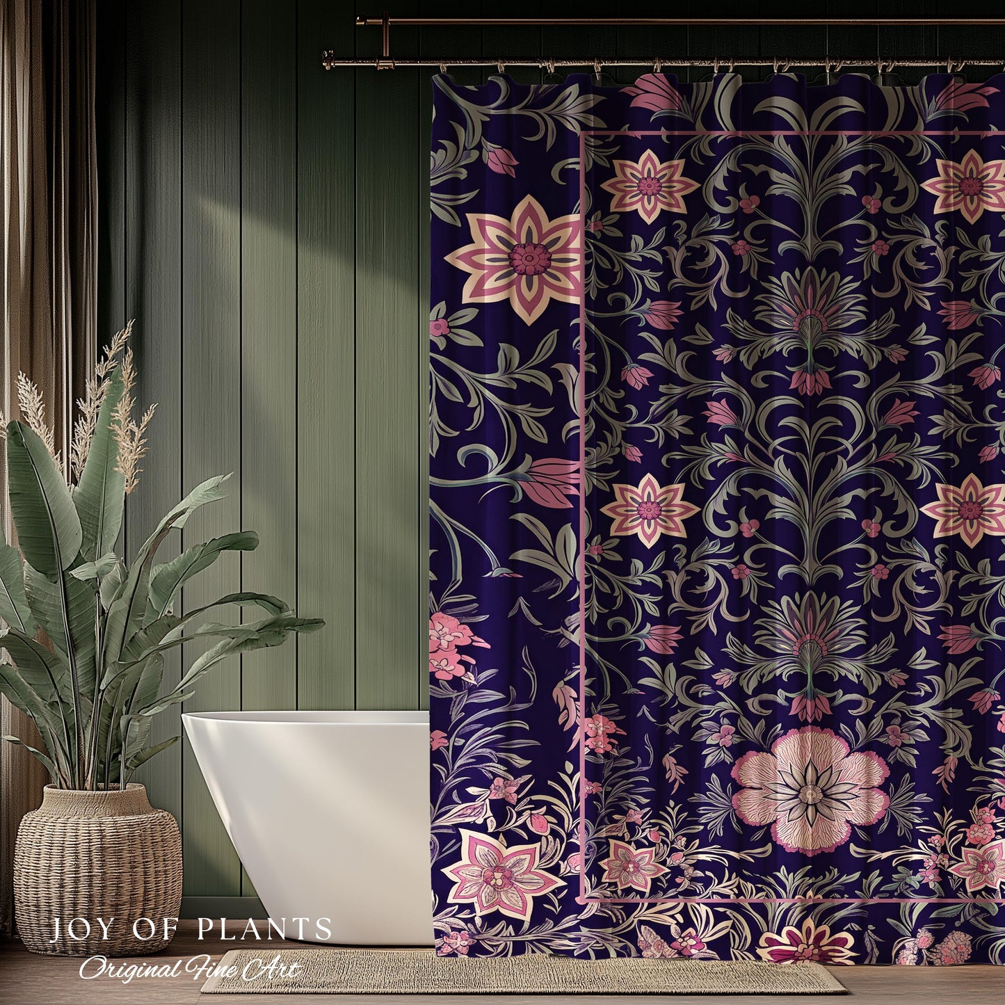Whimsical Florals Shower Curtain | Dark Renaissance Style Art Deco Aesthetic Purple Botanical Bathroom Morris Inspired Fairycore Gothic Bath