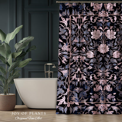 Elegant Fairycore Floral Shower Curtain | Ornate Renaissance Style Art Deco Aesthetic Purple Dark Botanical William Morris Inspired Bathroom