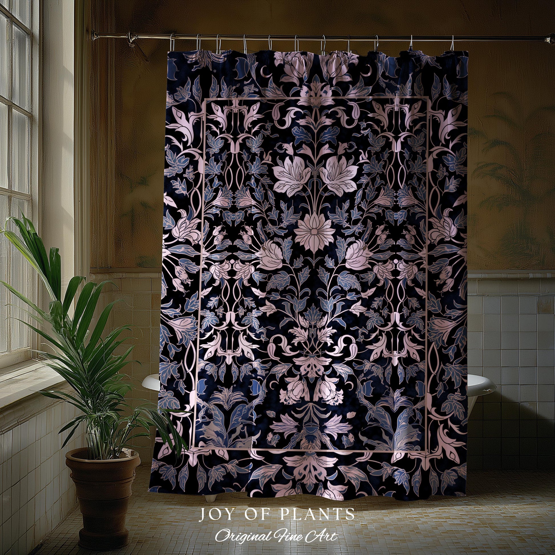 Elegant Fairycore Floral Shower Curtain | Ornate Renaissance Style Art Deco Aesthetic Purple Dark Botanical William Morris Inspired Bathroom