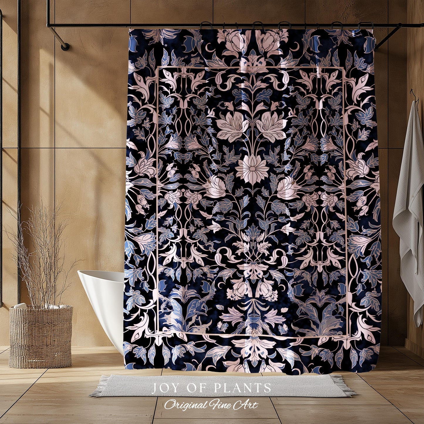 Elegant Fairycore Floral Shower Curtain | Ornate Renaissance Style Art Deco Aesthetic Purple Dark Botanical William Morris Inspired Bathroom
