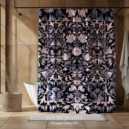 Elegant Fairycore Floral Shower Curtain | Ornate Renaissance Style Art Deco Aesthetic Purple Dark Botanical William Morris Inspired Bathroom