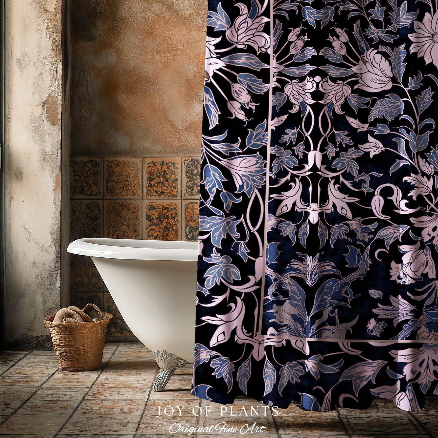 Elegant Fairycore Floral Shower Curtain | Ornate Renaissance Style Art Deco Aesthetic Purple Dark Botanical William Morris Inspired Bathroom