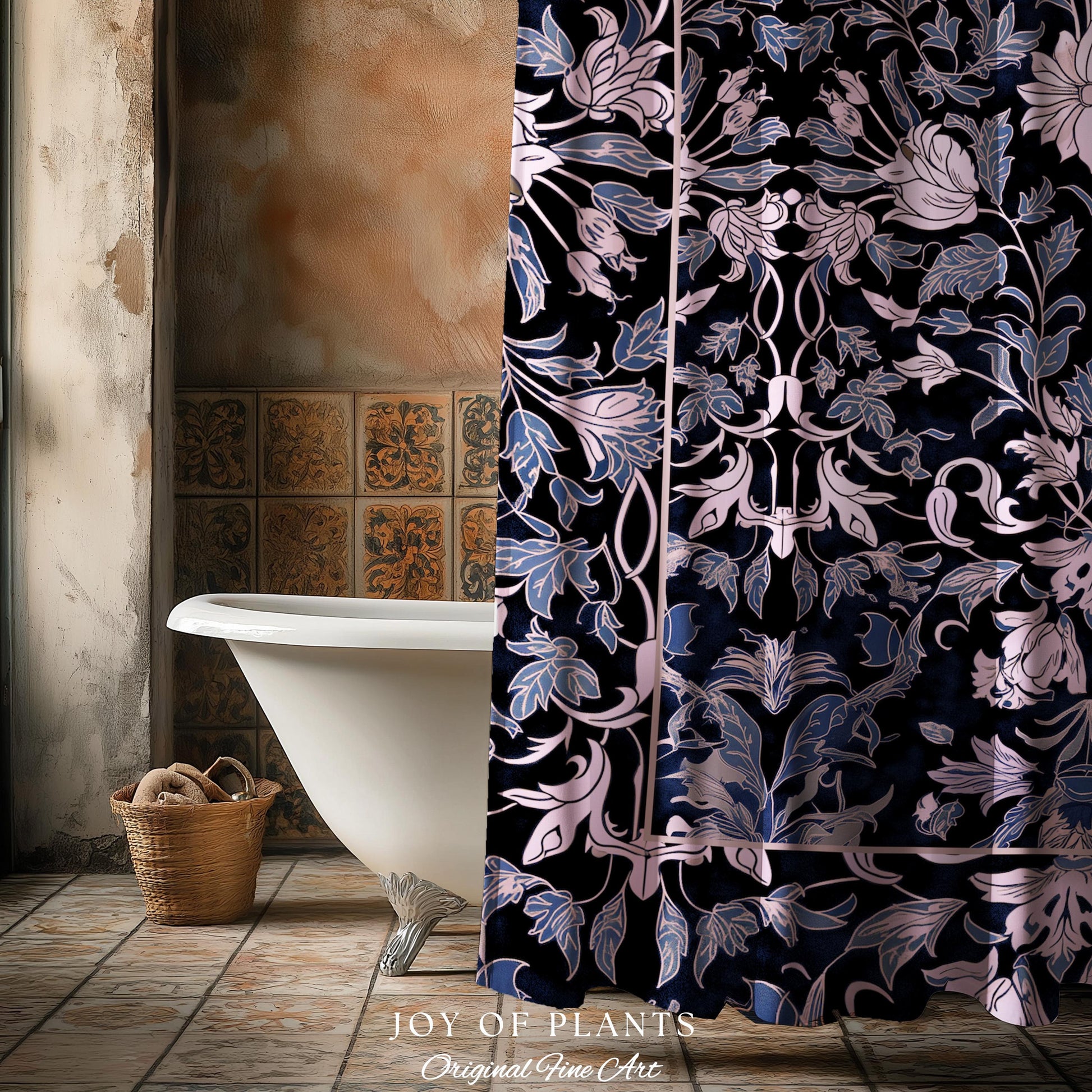Elegant Fairycore Floral Shower Curtain | Ornate Renaissance Style Art Deco Aesthetic Purple Dark Botanical William Morris Inspired Bathroom