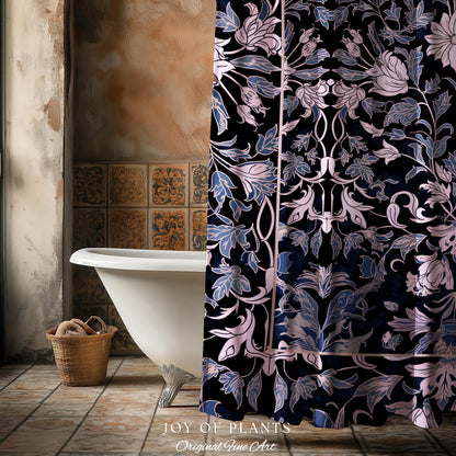 Elegant Fairycore Floral Shower Curtain | Ornate Renaissance Style Art Deco Aesthetic Purple Dark Botanical William Morris Inspired Bathroom