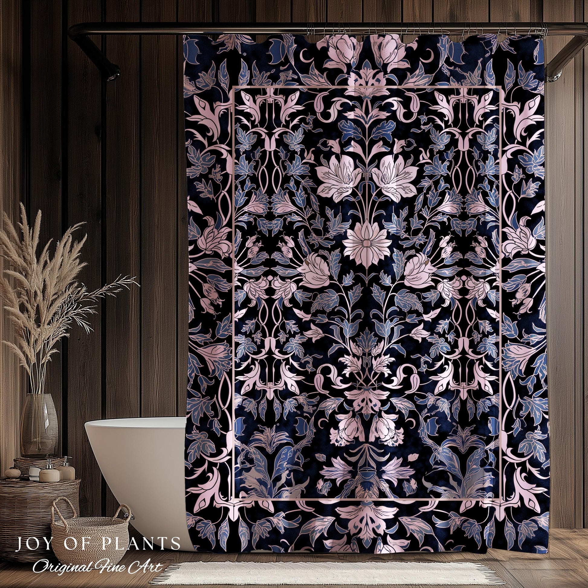 Elegant Fairycore Floral Shower Curtain | Ornate Renaissance Style Art Deco Aesthetic Purple Dark Botanical William Morris Inspired Bathroom