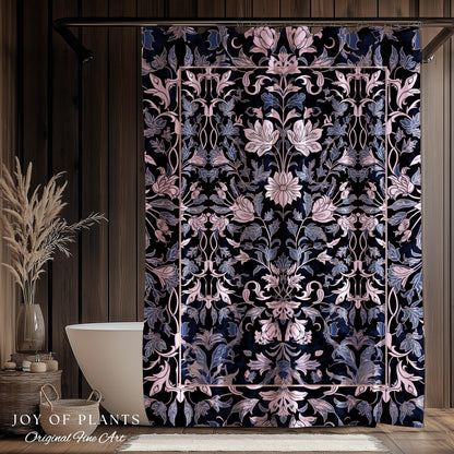 Elegant Fairycore Floral Shower Curtain | Ornate Renaissance Style Art Deco Aesthetic Purple Dark Botanical William Morris Inspired Bathroom