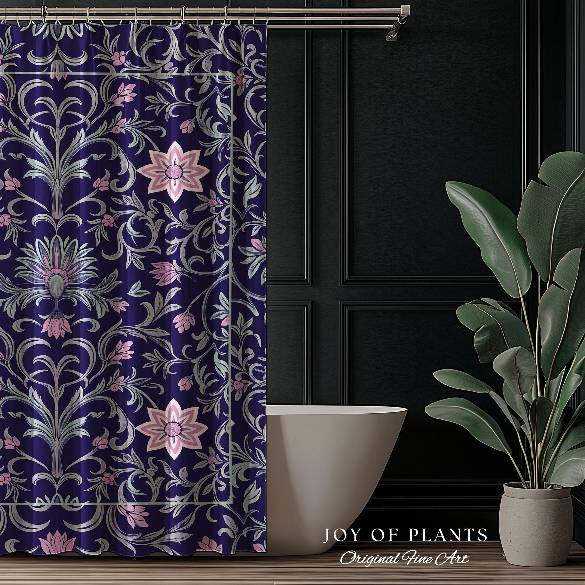 Art Deco Aesthetic Shower Curtain Floral | Whimsical Maximalist Ornate Dark Renaissance Style Aesthetic Bathroom Lavender Purple Botanical