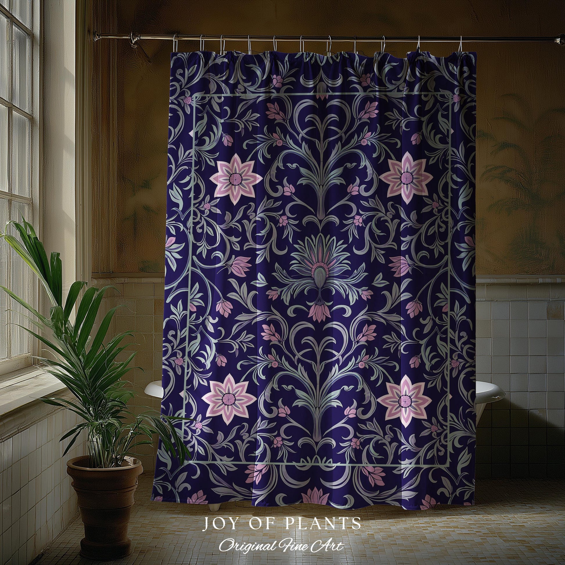 Art Deco Aesthetic Shower Curtain Floral | Whimsical Maximalist Ornate Dark Renaissance Style Aesthetic Bathroom Lavender Purple Botanical