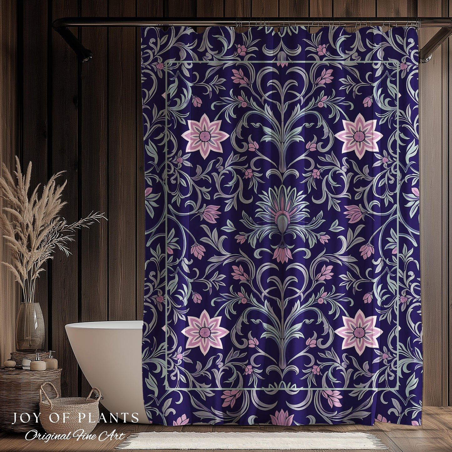 Art Deco Aesthetic Shower Curtain Floral | Whimsical Maximalist Ornate Dark Renaissance Style Aesthetic Bathroom Lavender Purple Botanical