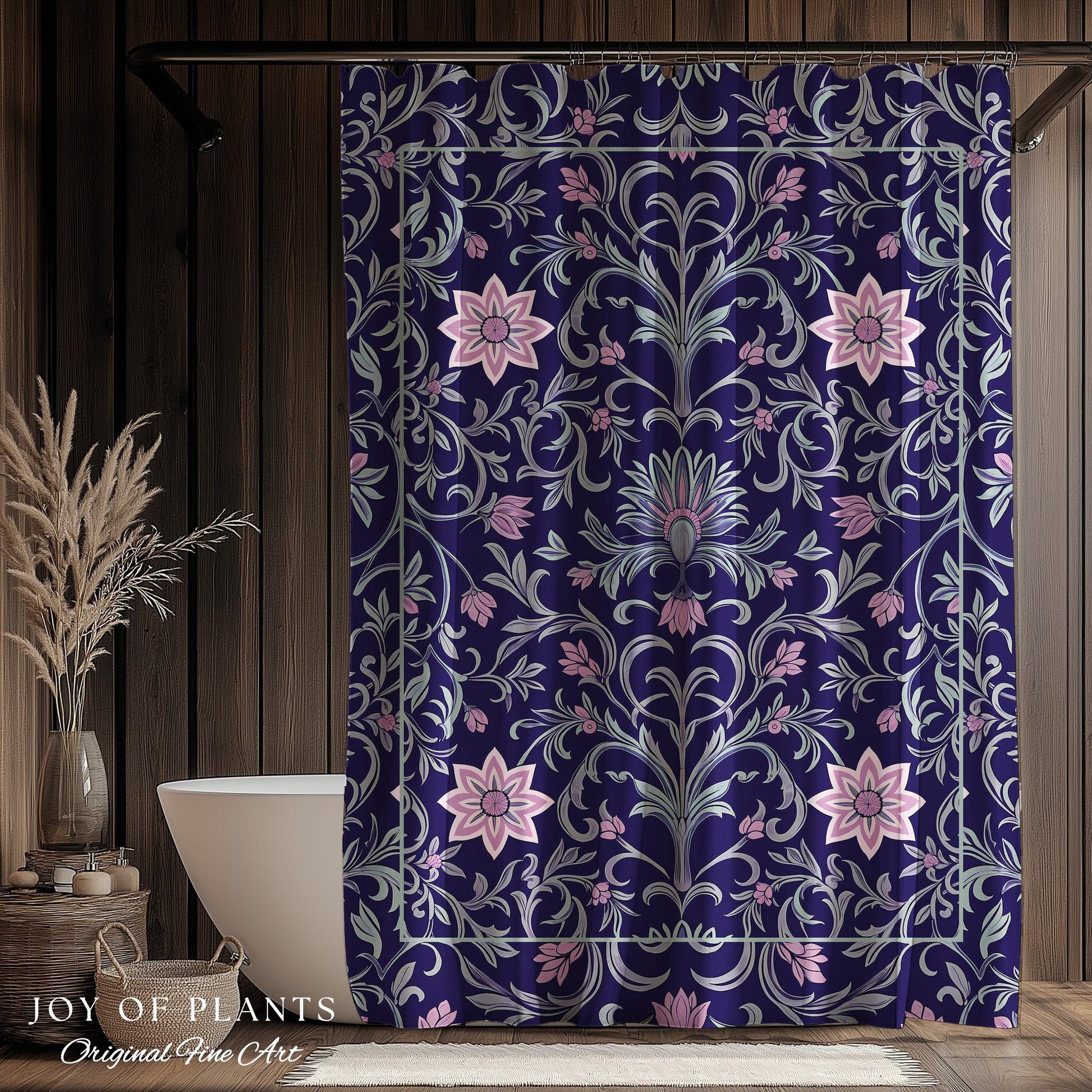 Art Deco Aesthetic Shower Curtain Floral | Whimsical Maximalist Ornate Dark Renaissance Style Aesthetic Bathroom Lavender Purple Botanical