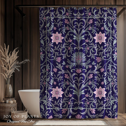 Art Deco Aesthetic Shower Curtain Floral | Whimsical Maximalist Ornate Dark Renaissance Style Aesthetic Bathroom Lavender Purple Botanical