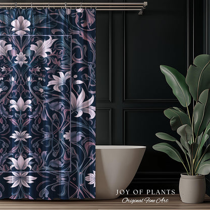 Colorful Floral Whimsical Shower Curtain | Ornate Renaissance Style Art Deco Aesthetic Purple Dark Botanical Bathroom Morris Inspired Decor