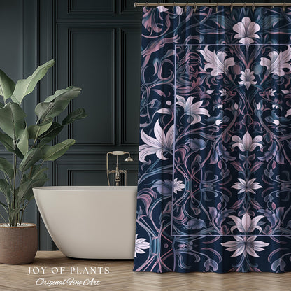 Colorful Floral Whimsical Shower Curtain | Ornate Renaissance Style Art Deco Aesthetic Purple Dark Botanical Bathroom Morris Inspired Decor