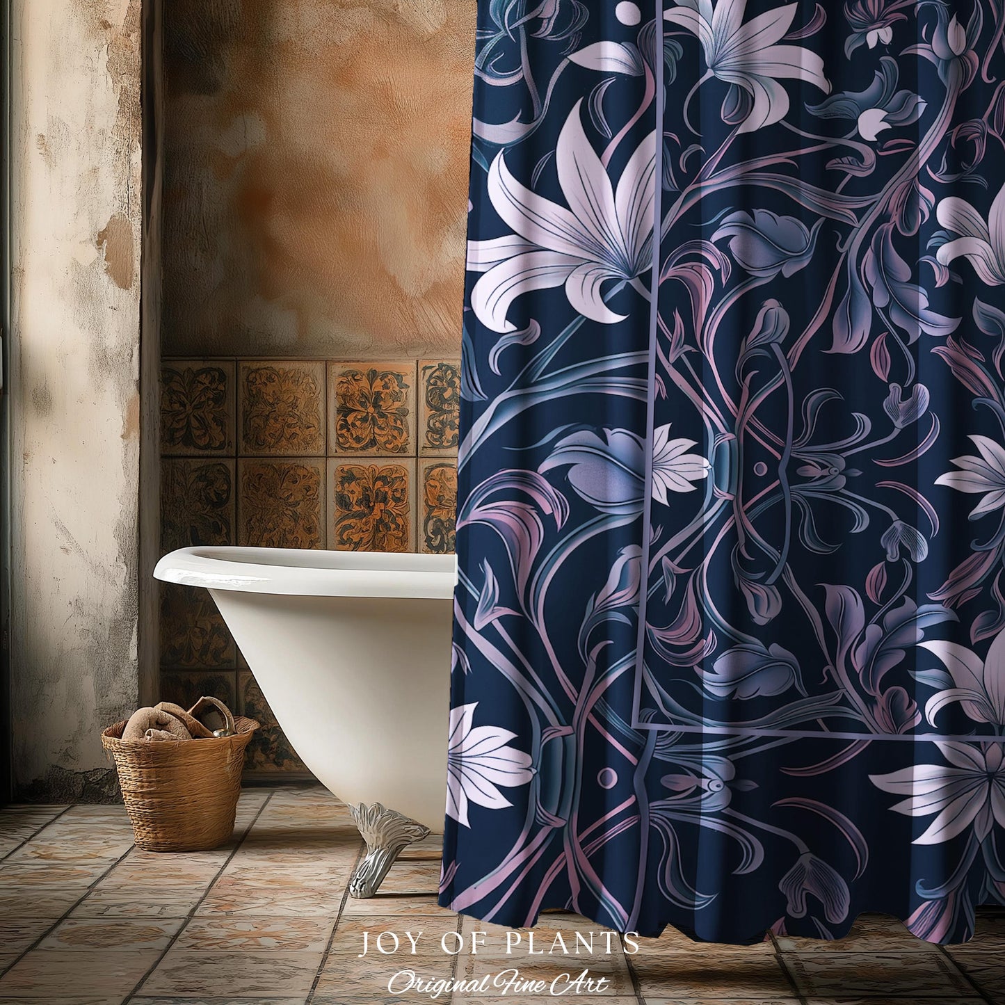 Colorful Floral Whimsical Shower Curtain | Ornate Renaissance Style Art Deco Aesthetic Purple Dark Botanical Bathroom Morris Inspired Decor
