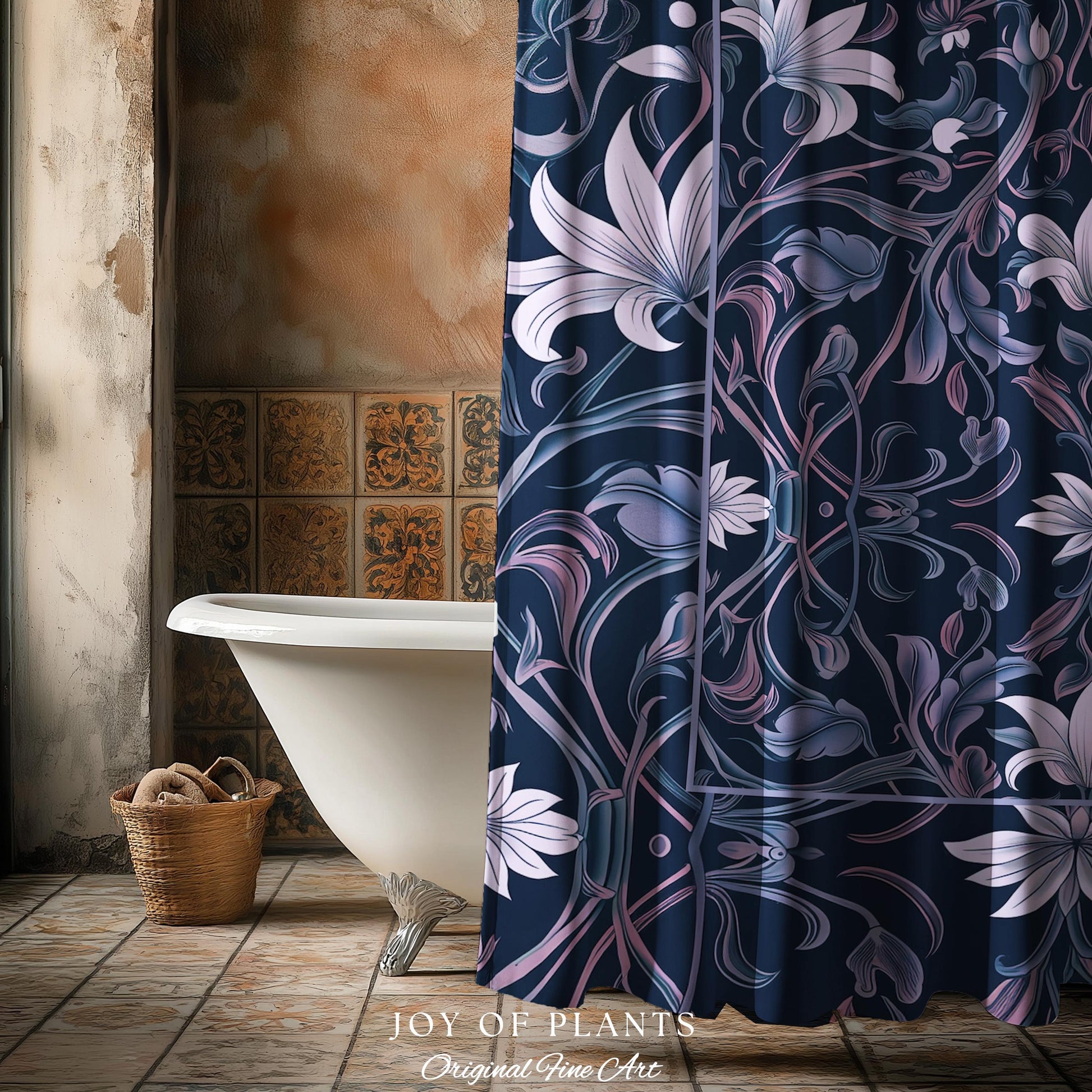 Colorful Floral Whimsical Shower Curtain | Ornate Renaissance Style Art Deco Aesthetic Purple Dark Botanical Bathroom Morris Inspired Decor