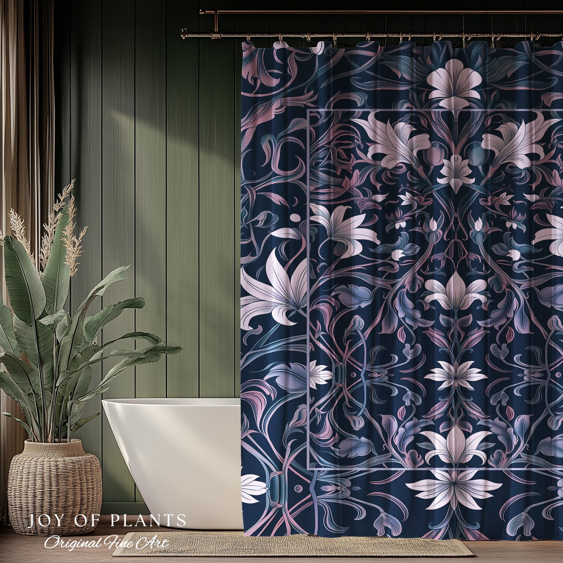 Colorful Floral Whimsical Shower Curtain | Ornate Renaissance Style Art Deco Aesthetic Purple Dark Botanical Bathroom Morris Inspired Decor
