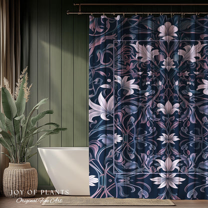 Colorful Floral Whimsical Shower Curtain | Ornate Renaissance Style Art Deco Aesthetic Purple Dark Botanical Bathroom Morris Inspired Decor