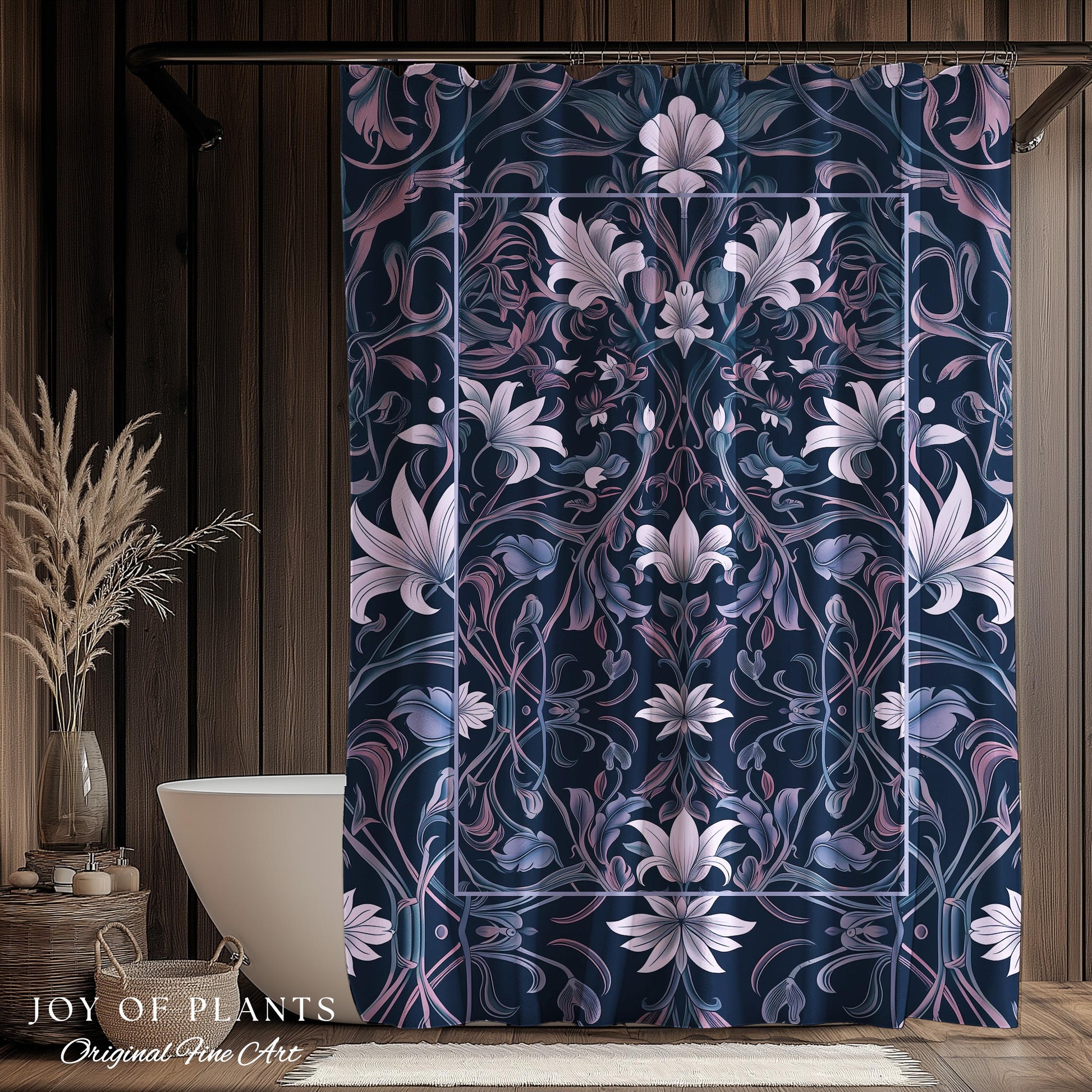 Colorful Floral Whimsical Shower Curtain | Ornate Renaissance Style Art Deco Aesthetic Purple Dark Botanical Bathroom Morris Inspired Decor