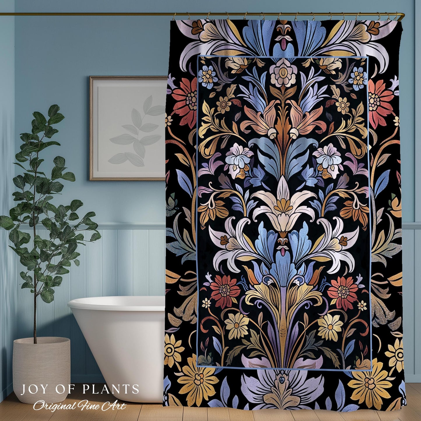 Bohemian Botanical Shower Curtain Art Nouveau Floral Enchanted Forest Flower Motifs, Whimsical Cottagecore Charm Fairycore Inspired Bathroom