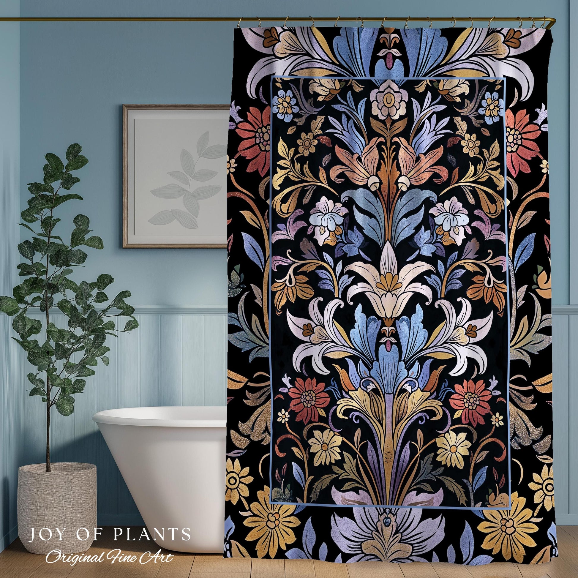 Bohemian Botanical Shower Curtain Art Nouveau Floral Enchanted Forest Flower Motifs, Whimsical Cottagecore Charm Fairycore Inspired Bathroom