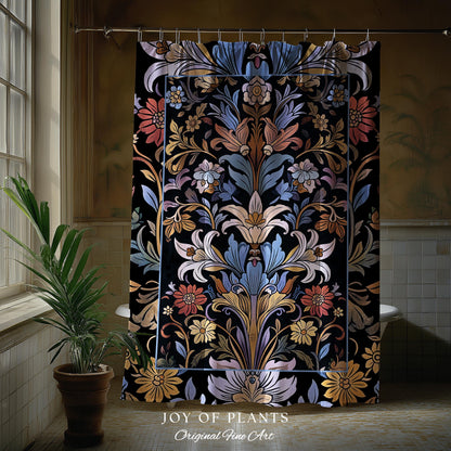 Bohemian Botanical Shower Curtain Art Nouveau Floral Enchanted Forest Flower Motifs, Whimsical Cottagecore Charm Fairycore Inspired Bathroom