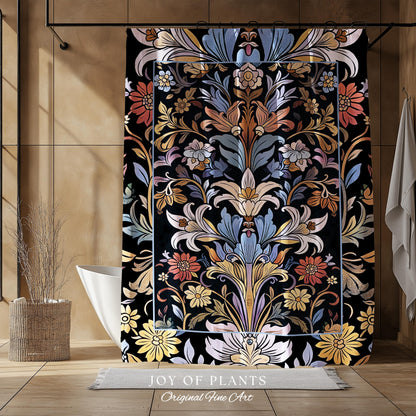 Bohemian Botanical Shower Curtain Art Nouveau Floral Enchanted Forest Flower Motifs, Whimsical Cottagecore Charm Fairycore Inspired Bathroom