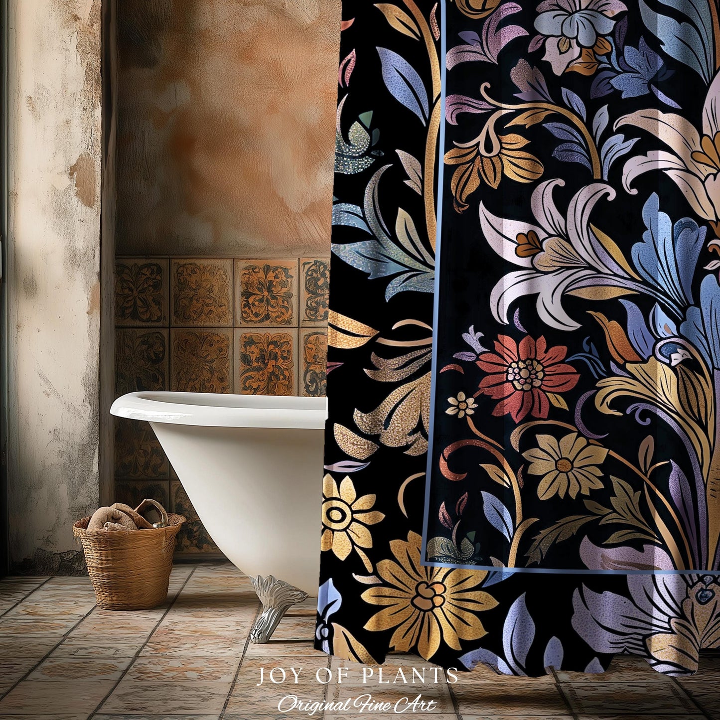 Bohemian Botanical Shower Curtain Art Nouveau Floral Enchanted Forest Flower Motifs, Whimsical Cottagecore Charm Fairycore Inspired Bathroom